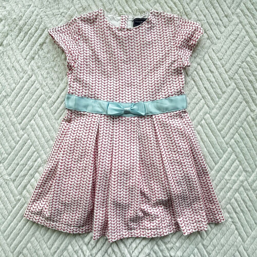 Toobydoo Girls Size 2 Pink Heart Print Lined Dress Blue Bow Party